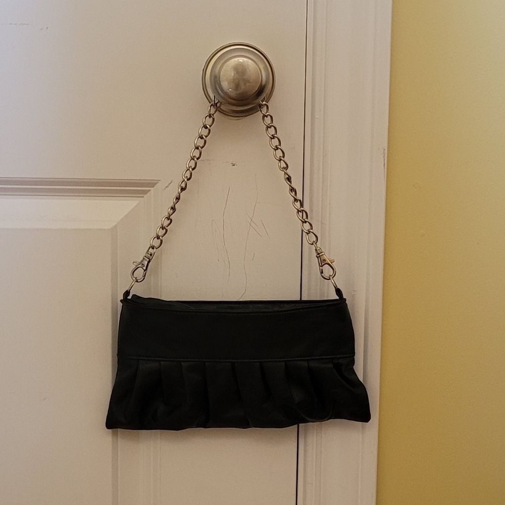 Vintage purse 80s faux leather vegan clutch handbag chain handle pleather bag
